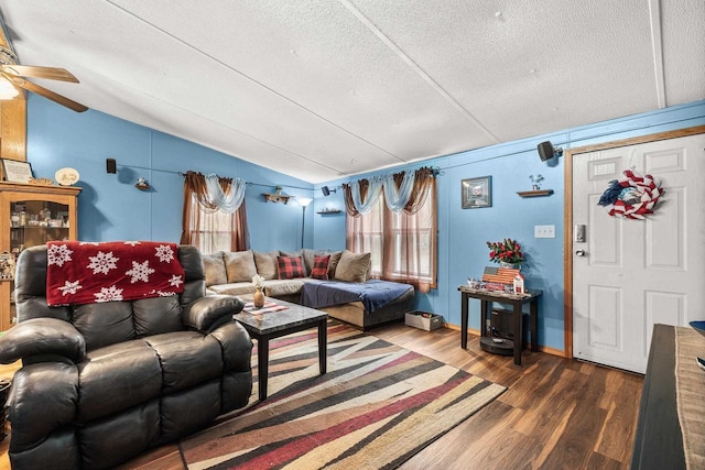 7244 Pine Tree Dr, Almond, WI 54909 - living area with lofted ceiling, wood finished floors, a textured ceiling, and a ceiling fan