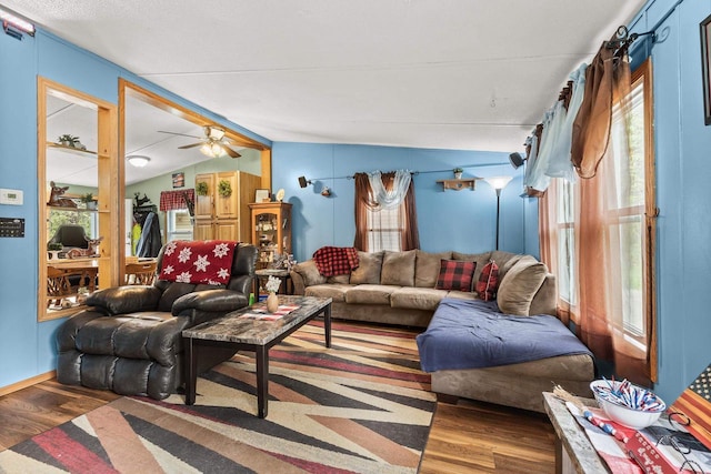 7244 Pine Tree Dr, Almond, WI 54909 - living room with wood finished floors, vaulted ceiling, and ceiling fan