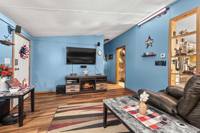 7244 Pine Tree Dr, Almond, WI 54909 - living area with wood finished floors, a lit fireplace, and a textured ceiling