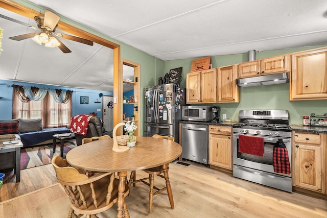 7244 Pine Tree Dr, Almond, WI 54909 - kitchen with appliances with stainless steel finishes, under cabinet range hood, light wood-style floors, dark countertops, and a ceiling fan