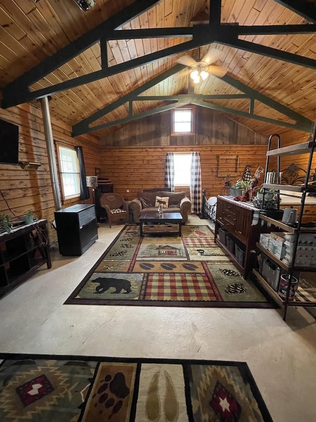 N18355 Big Bear Rd, Pembine, WI 54156 - living room featuring wooden walls, plenty of natural light, and a ceiling fan