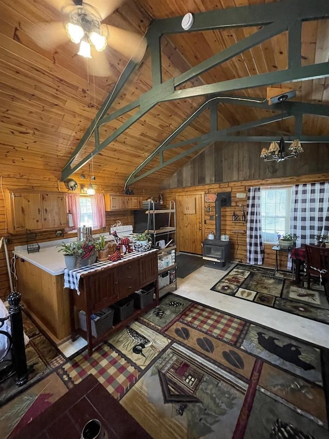 N18355 Big Bear Rd, Pembine, WI 54156 - living room featuring a wood stove, wooden walls, lofted ceiling, a ceiling fan, and wood ceiling