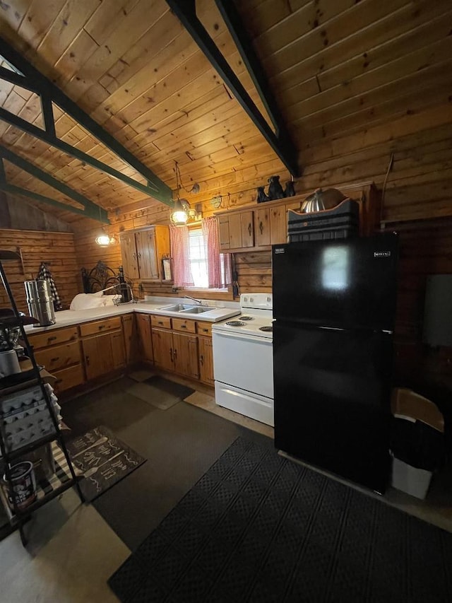 N18355 Big Bear Rd, Pembine, WI 54156 - kitchen featuring white range with electric cooktop, freestanding refrigerator, wooden walls, wooden ceiling, and light countertops