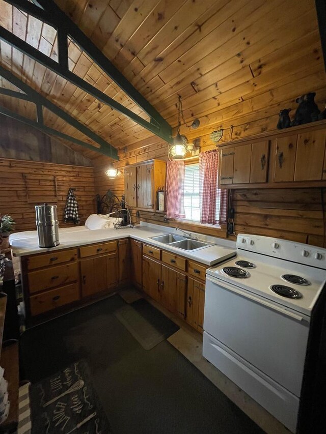 N18355 Big Bear Rd, Pembine, WI 54156 - kitchen with white range with electric stovetop, a sink, wooden walls, light countertops, and wood ceiling