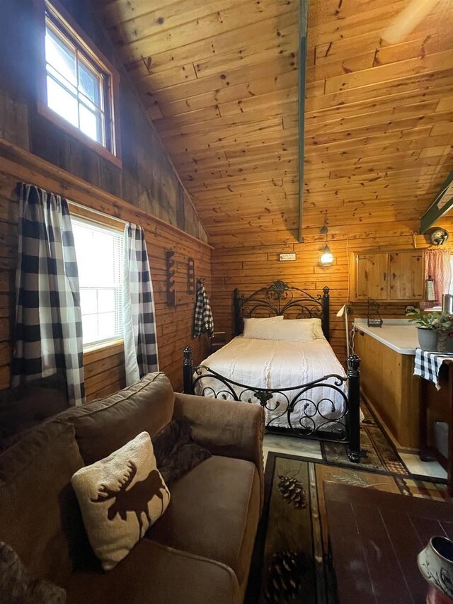 N18355 Big Bear Rd, Pembine, WI 54156 - bedroom with wooden walls, wooden ceiling, lofted ceiling, and wood finished floors