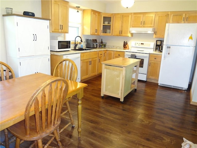 3412 Jill Ave, Eau Claire, WI 54701 - kitchen featuring white appliances, under cabinet range hood, light brown cabinetry, a sink, and light countertops