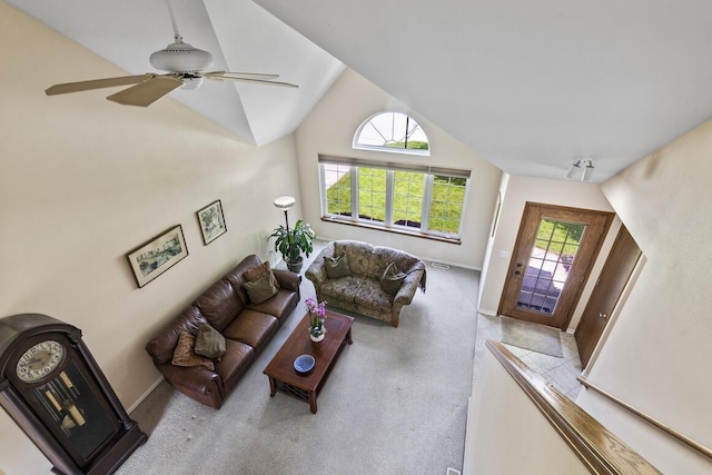 1293 Chesterwood Ln, Pewaukee, WI 53072 - living area featuring lofted ceiling, baseboards, carpet flooring, and ceiling fan