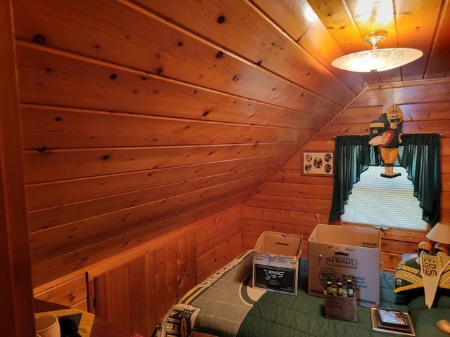 4055W Lester Ln, Loretta, WI 54896 - bedroom featuring wood walls, lofted ceiling, and wood ceiling