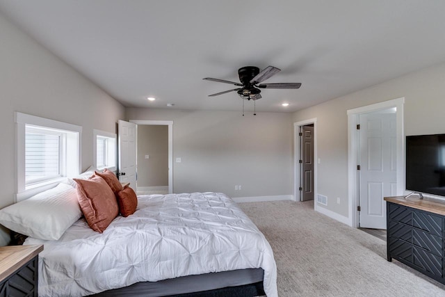 241 E Hubert St, Edgerton, WI 53534 - bedroom with baseboards, light carpet, recessed lighting, and a ceiling fan