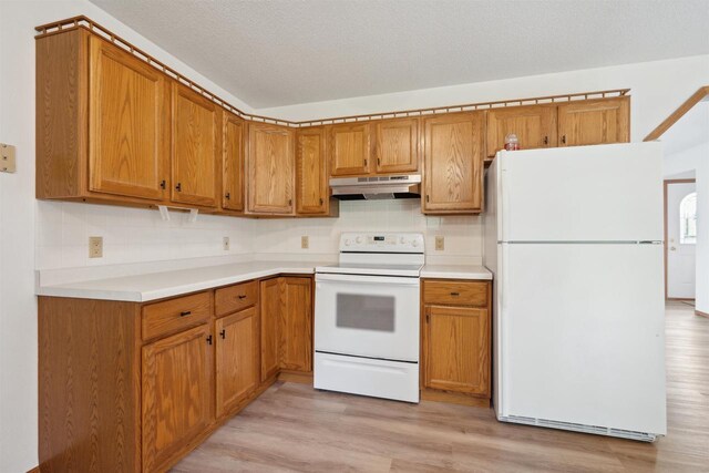 119 White St, Benton, WI 53803 - kitchen featuring white appliances, under cabinet range hood, decorative backsplash, light wood finished floors, and light countertops