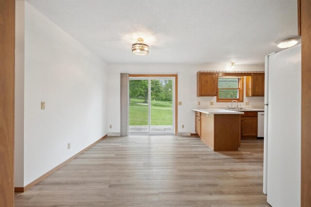 119 White St, Benton, WI 53803 - kitchen with light wood finished floors, light countertops, a peninsula, white appliances, and baseboards