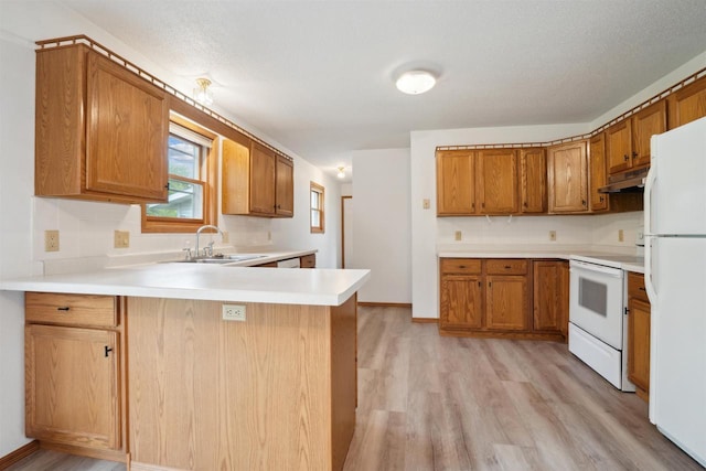 119 White St, Benton, WI 53803 - kitchen with white appliances, under cabinet range hood, a sink, a peninsula, and light wood-type flooring