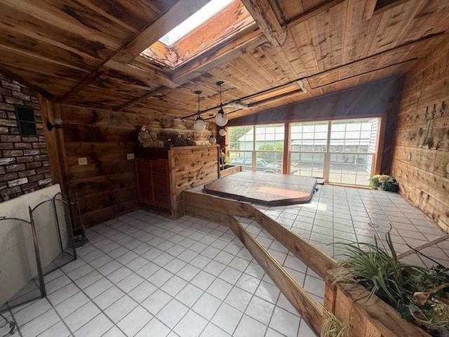 228227 County Road Y, Birnamwood, WI 54414 - unfurnished dining area with wood ceiling, wooden walls, lofted ceiling, light tile patterned flooring, and a skylight