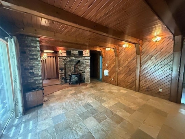 228227 County Road Y, Birnamwood, WI 54414 - unfurnished living room with a wood stove, wooden walls, wooden ceiling with exposed beams, and stone finish floors