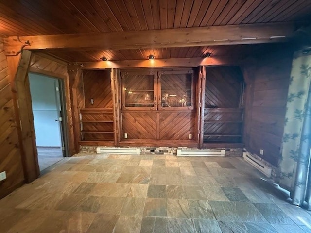 228227 County Road Y, Birnamwood, WI 54414 - empty room with wood walls, baseboard heating, a baseboard radiator, and wooden ceiling with exposed beams
