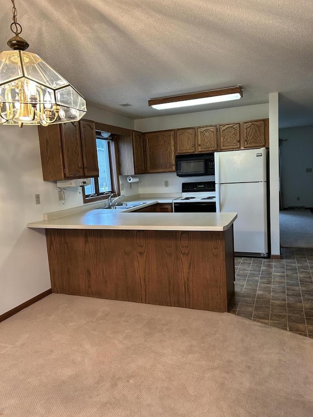 1010 Whispering Winds Pl, Onalaska, WI 54650 - kitchen featuring freestanding refrigerator, electric stove, black microwave, dark colored carpet, and a textured ceiling