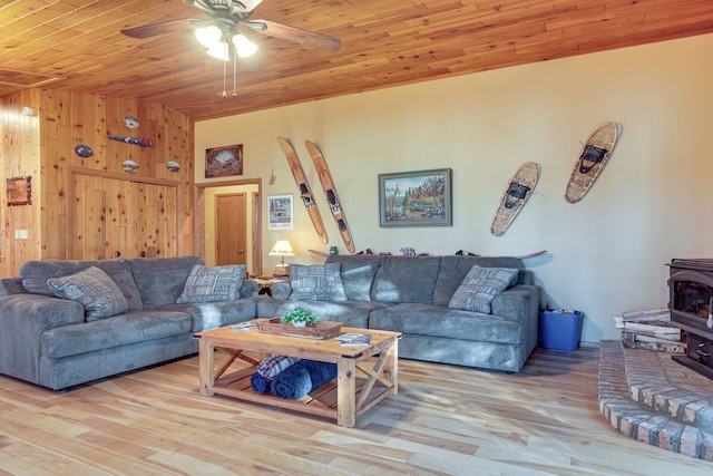 1948 Wild Life Ln, Eagle River, WI 54521 - living room featuring a ceiling fan, a wood stove, wood ceiling, and wood finished floors