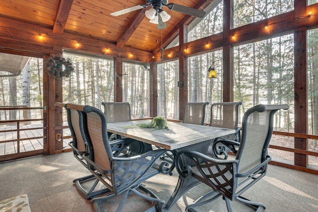 1948 Wild Life Ln, Eagle River, WI 54521 - sunroom / solarium with outdoor dining space, a ceiling fan, carpet floors, and wood ceiling