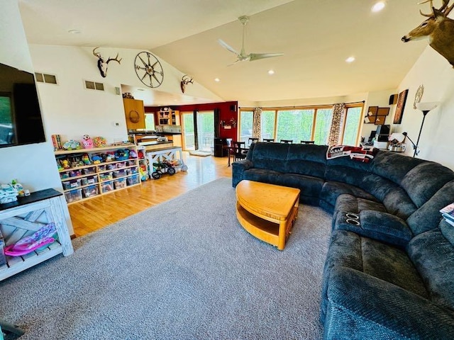 N5893 Walnut Rd, Monticello, WI 53570 - living room with lofted ceiling, ceiling fan, wood finished floors, recessed lighting, and carpet