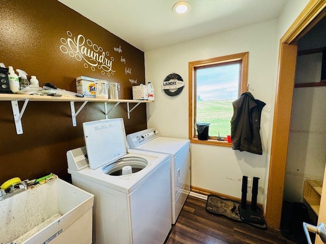 N5893 Walnut Rd, Monticello, WI 53570 - laundry area with washing machine and clothes dryer, dark wood-type flooring, and baseboards