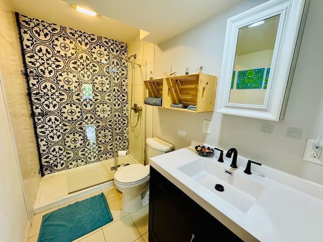 N5893 Walnut Rd, Monticello, WI 53570 - bathroom featuring a stall shower, toilet, tile patterned flooring, and vanity