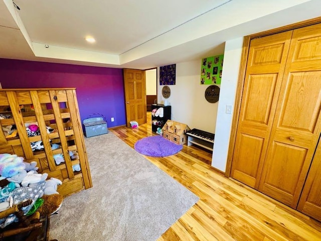 N5893 Walnut Rd, Monticello, WI 53570 - rec room featuring light wood-style floors and a raised ceiling