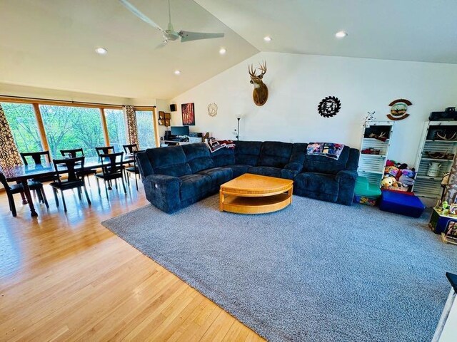 N5893 Walnut Rd, Monticello, WI 53570 - living area featuring light wood finished floors, vaulted ceiling, ceiling fan, and recessed lighting