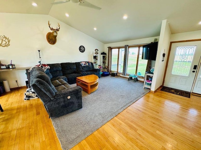 N5893 Walnut Rd, Monticello, WI 53570 - living area featuring lofted ceiling, wood finished floors, a ceiling fan, and recessed lighting