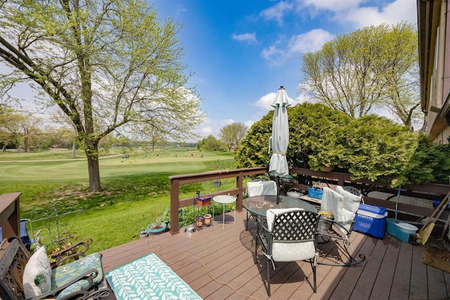 14 Golf Course Rd, Madison, WI 53704 - wooden terrace featuring outdoor dining area, golf course view, and a lawn