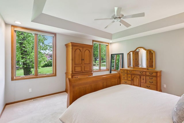 1816 Blue Ridge Trl, Waunakee, WI 53597 - bedroom with baseboards, light carpet, a tray ceiling, and ceiling fan
