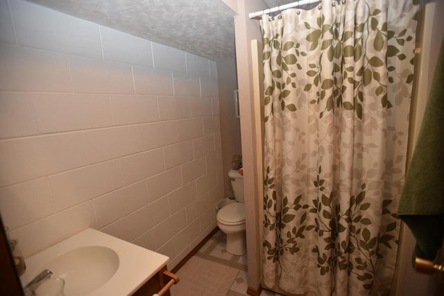 N1423 Silver Canoe Rd, Keshena, WI 54135 - full bath featuring toilet, tile walls, vanity, and curtained shower