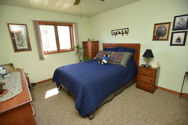 N1423 Silver Canoe Rd, Keshena, WI 54135 - bedroom featuring carpet floors, baseboards, and ceiling fan