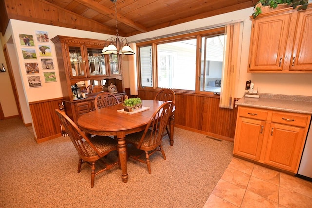 N1423 Silver Canoe Rd, Keshena, WI 54135 - dining area featuring wooden ceiling, wooden walls, a chandelier, and wainscoting