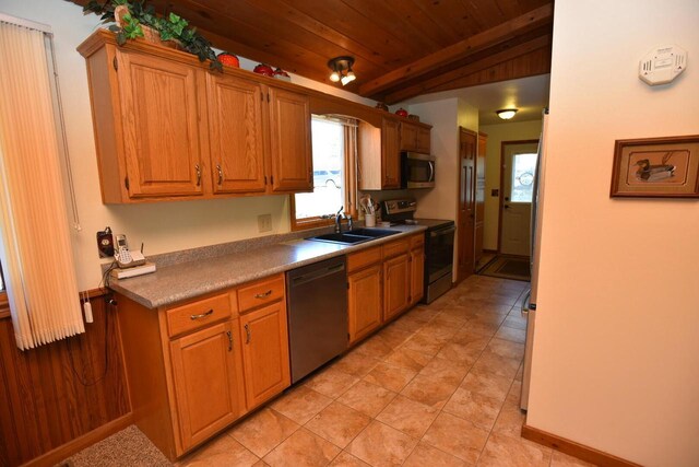 N1423 Silver Canoe Rd, Keshena, WI 54135 - kitchen featuring stainless steel appliances, a sink, wood ceiling, brown cabinets, and light countertops
