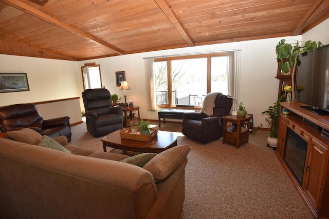 N1423 Silver Canoe Rd, Keshena, WI 54135 - carpeted living area featuring wooden ceiling and baseboards
