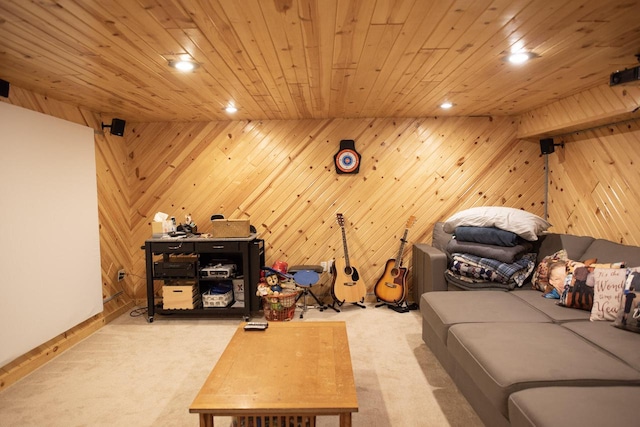 23718 Emblem Ave, Tomah, WI 54660 - carpeted living area with recessed lighting, wooden walls, wood ceiling, and baseboards