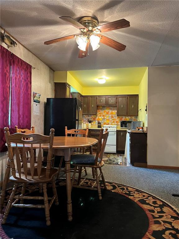 W4670 County Highway F, Springbrook, WI 54875 - dining space featuring a ceiling fan, carpet floors, and a textured ceiling