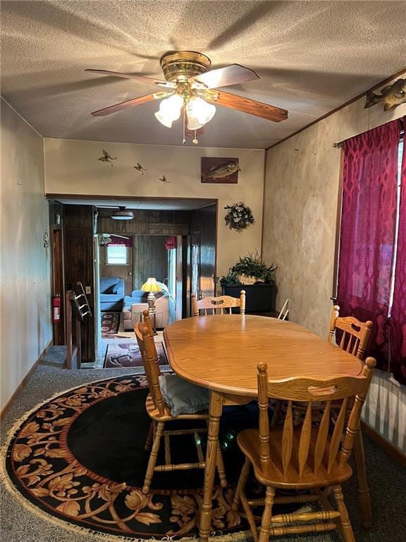 W4670 County Highway F, Springbrook, WI 54875 - dining space with ceiling fan, carpet floors, and a textured ceiling