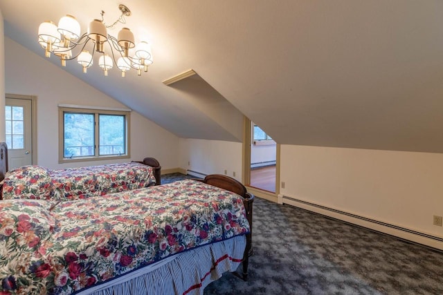 8395 Woolpy Dr, Minocqua, WI 54548 - bedroom featuring a baseboard radiator, carpet flooring, vaulted ceiling, a baseboard heating unit, and a chandelier