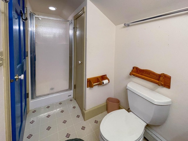 8395 Woolpy Dr, Minocqua, WI 54548 - bathroom featuring a shower stall, toilet, tile patterned floors, recessed lighting, and a baseboard radiator