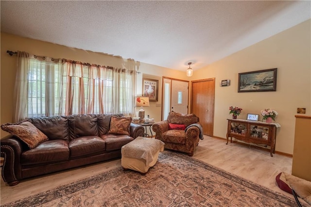 18886 53rd Ave, Chippewa Falls, WI 54729 - living room with light wood-style floors, vaulted ceiling, a textured ceiling, and baseboards