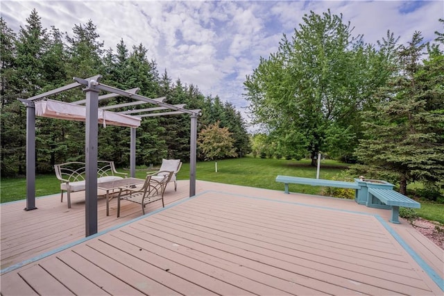 18886 53rd Ave, Chippewa Falls, WI 54729 - wooden terrace featuring a pergola, a lawn, and view of scattered trees