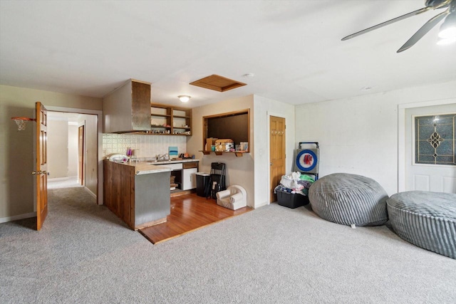 N124W13900 Lovers Ln, Germantown, WI 53022 - kitchen with carpet flooring, open floor plan, and ceiling fan