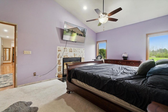 N124W13900 Lovers Ln, Germantown, WI 53022 - bedroom with carpet floors, baseboards, recessed lighting, a ceiling fan, and a fireplace