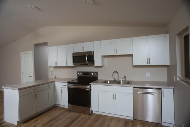 N3725 County Road Ee, Redgranite, WI 54970 - kitchen featuring stainless steel appliances, a sink, lofted ceiling, a peninsula, and light wood-type flooring