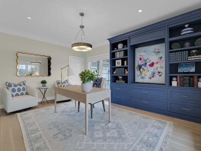 5021 Sherwood Ct, Burlington, WI 53105 - office space featuring ornamental molding, light wood-style flooring, recessed lighting, and baseboards