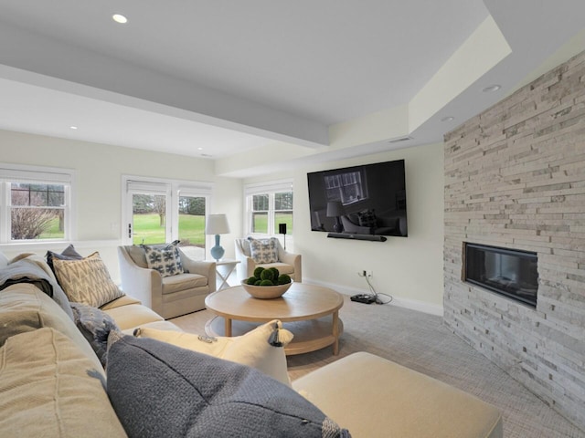 5021 Sherwood Ct, Burlington, WI 53105 - living area with a fireplace, beamed ceiling, baseboards, and recessed lighting
