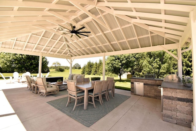 5021 Sherwood Ct, Burlington, WI 53105 - view of patio featuring a gazebo, area for grilling, a ceiling fan, outdoor dining space, and outdoor lounge area