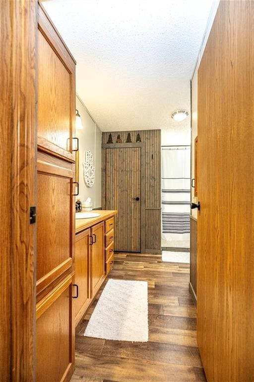 W14312 Montgomery Rd, Hixton, WI 54635 - bathroom featuring wood finished floors, vanity, and a textured ceiling