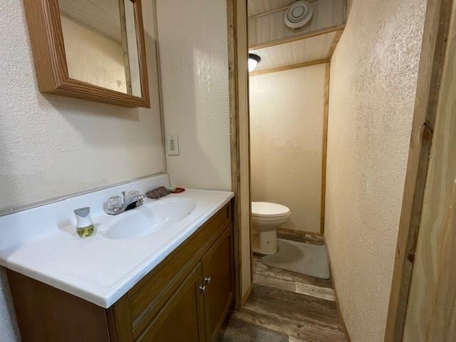 4546 Gold Leaf Ln, Ojibwa, WI 54862 - bathroom with toilet, a textured wall, vanity, and wood finished floors